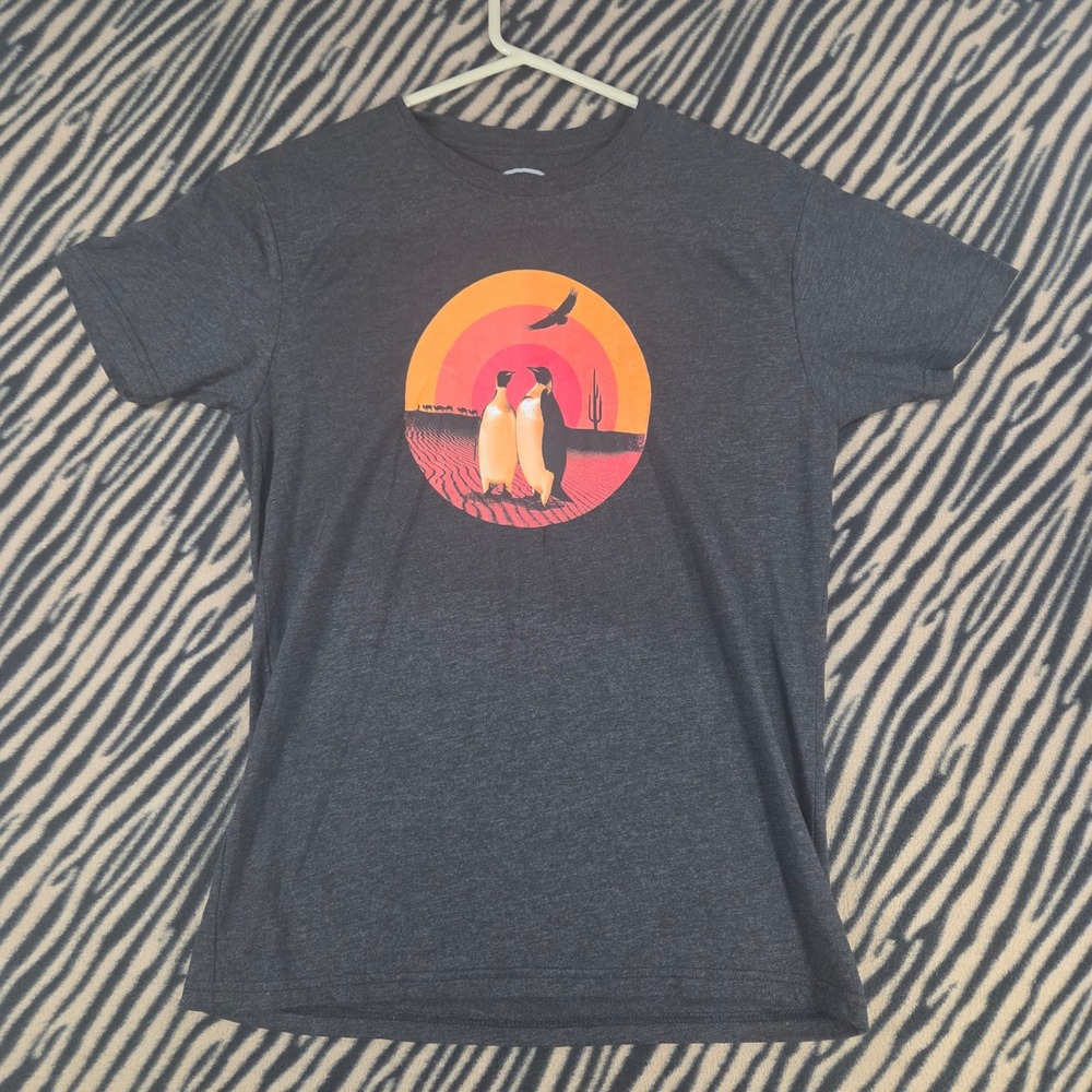 Cotton Bureau Mens Penguins in Desert Graphic T-Shirt Gray Size M
